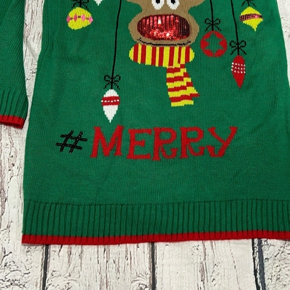 Women's Rudolph Red Nose Reindeer Green Christmas Sweater Ugly - Picture 4 of 7
